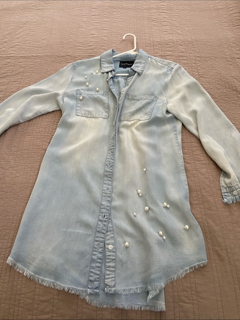 Velvet Heart Light Blue Pearl-Embellished Denim Jacket Dress